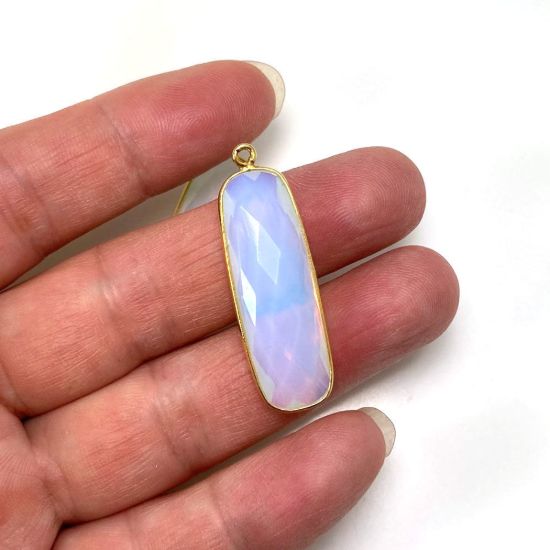 Wholesale Gold Over Sterling Silver Bezel Charm Pendant - 34x11mm Elongated Rectangle Shape - Opalite Quartz - October Birthstone