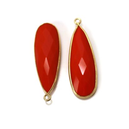 Wholesale 22K Gold Over Sterling Silver Bezel Gemstone Pendant - 10x30mm Faceted Long Teardrop Bezel - Coral