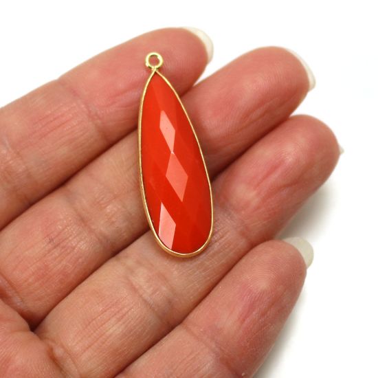 Wholesale 22K Gold Over Sterling Silver Bezel Gemstone Pendant - 10x30mm Faceted Long Teardrop Bezel - Coral
