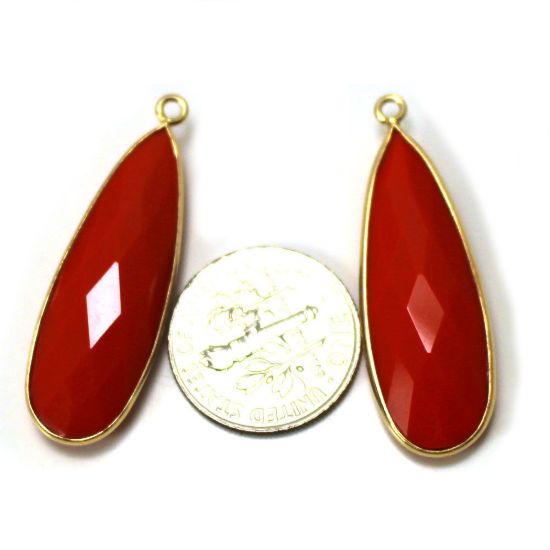 Wholesale 22K Gold Over Sterling Silver Bezel Gemstone Pendant - 10x30mm Faceted Long Teardrop Bezel - Coral