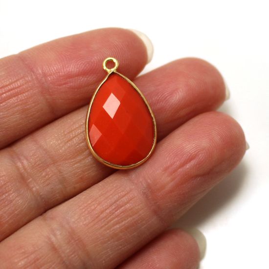 Wholesale 22K Gold Over Sterling Silver Bezel Gemstone Pendant - 13x18mm Faceted Teardrop Bezel - Coral