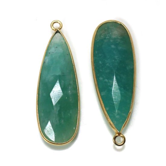 Wholesale 22K Gold Over Sterling Silver Bezel Gemstone Pendant - 10x30mm Faceted Long Teardrop Bezel - Natural Amazonite