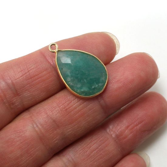 Wholesale 22K Gold Over Sterling Silver Bezel Gemstone Pendant - 13x18mm Faceted Long Teardrop Bezel - Natural Amazonite
