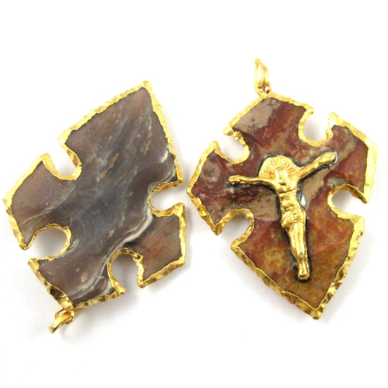 Wholesale Natural Agate Jasper Druzy Cross Pendant for Necklace, 24K Gold Plated Brass Crucifix-Holy Cross Pendant
