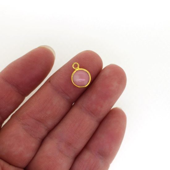 Wholesale Bezel Charm Pendant - Gold Plated Sterling Silver Charm - Natural Pink Opal - Tiny Round Shape - October Birthstone