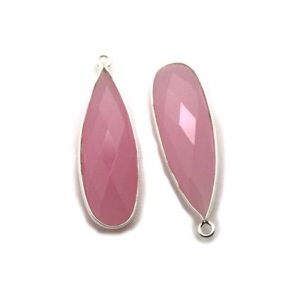 Wholesale Sterling Silver Bezel Charm Pendant - 34x11mm Elongated Teardrop - Pink Chalcedony