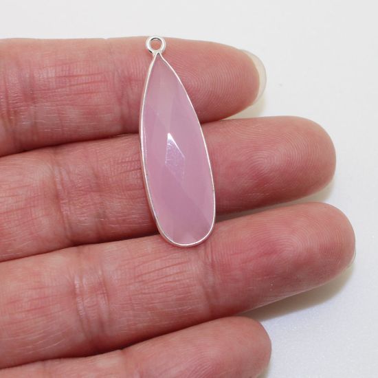 Wholesale Sterling Silver Bezel Charm Pendant - 34x11mm Elongated Teardrop - Pink Chalcedony