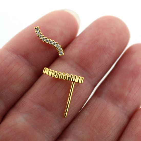 Gold over Sterling Silver Simple Curved Bar Earring Studs With CZ  -12mm (1 pair)