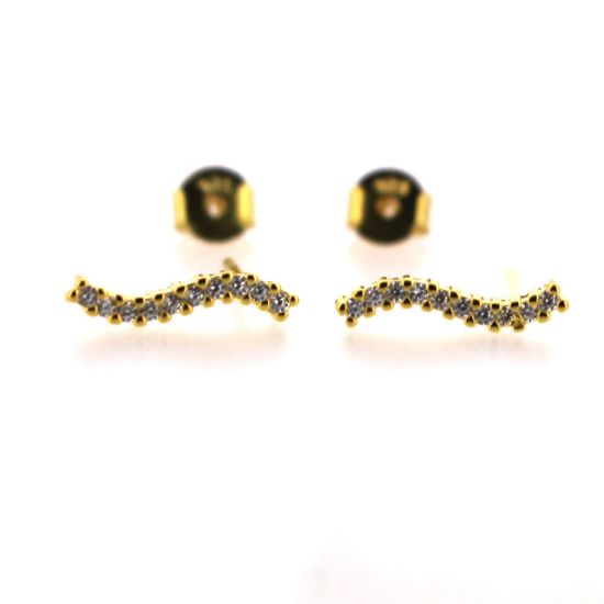 Gold over Sterling Silver Simple Curved Bar Earring Studs With CZ  -12mm (1 pair)