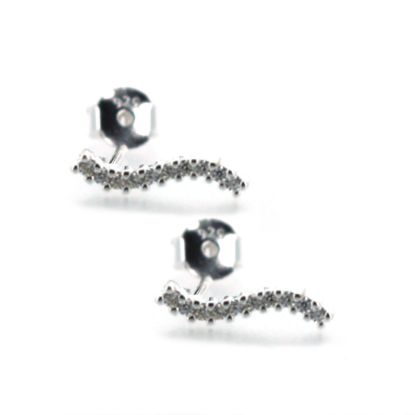 Sterling Silver Simple Curved Bar Earring Studs With CZ  -12mm (1 pair)