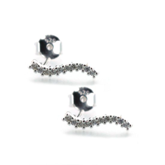 Sterling Silver Simple Curved Bar Earring Studs With CZ  -12mm (1 pair)