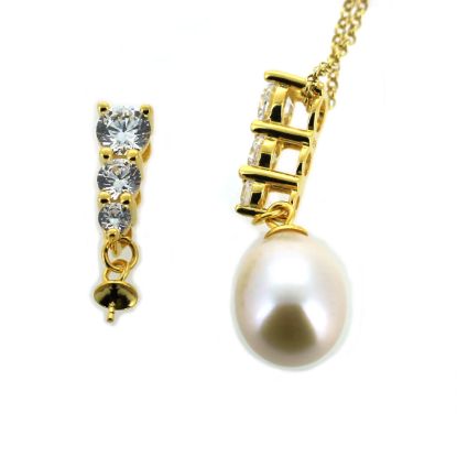 Wholesale Gold over Sterling Silver Peg Bail Cap with CZ Stones for Half Drilled Pearls and Beads -  past present future(1 pc)