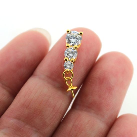 Wholesale Gold over Sterling Silver Peg Bail Cap with CZ Stones for Half Drilled Pearls and Beads -  past present future(1 pc)