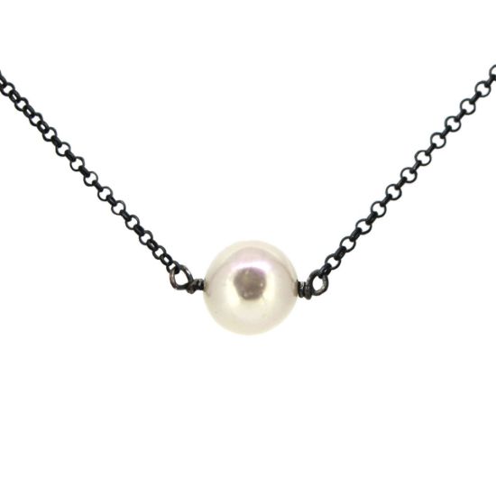 Wholesale Oxidized Sterling Silver Floating Freshwater Pearl Necklace - Adjustable Length 16-18"