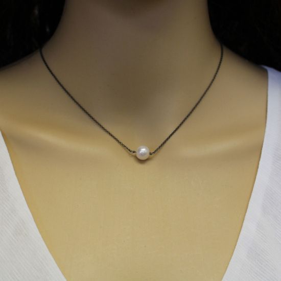 Wholesale Oxidized Sterling Silver Floating Freshwater Pearl Necklace - Adjustable Length 16-18"