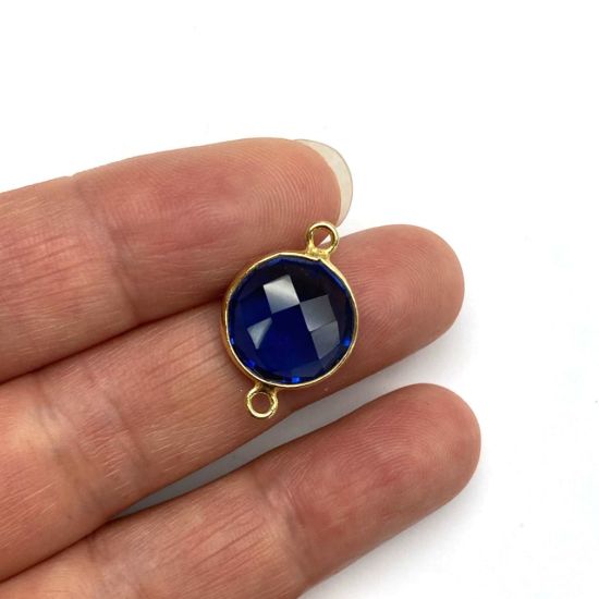 Wholesale Gold Over Sterling Silver Bezel Gemstone Link - Faceted Coin Shape - Blue Iolite Quartz