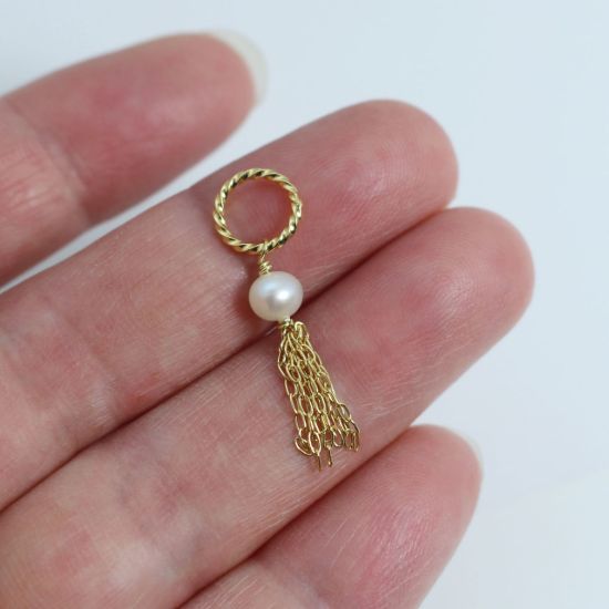 Wholesale Gold over Sterling Silver Tiny Twisted Ring Freshwater Pearl Tassel Charm Pendant
