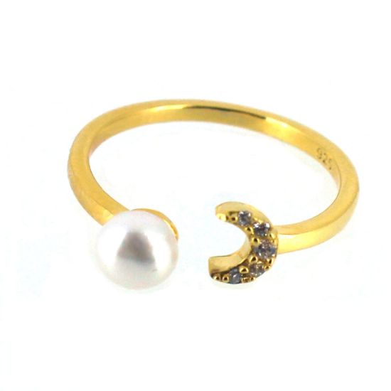 Wholesale Gold Over Sterling Silver Freshwater Pearl and Moon CZ Stone Open Ring - Adjustable (1 Piece)
