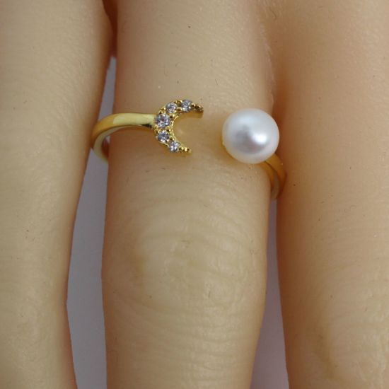 Wholesale Gold Over Sterling Silver Freshwater Pearl and Moon CZ Stone Open Ring - Adjustable (1 Piece)