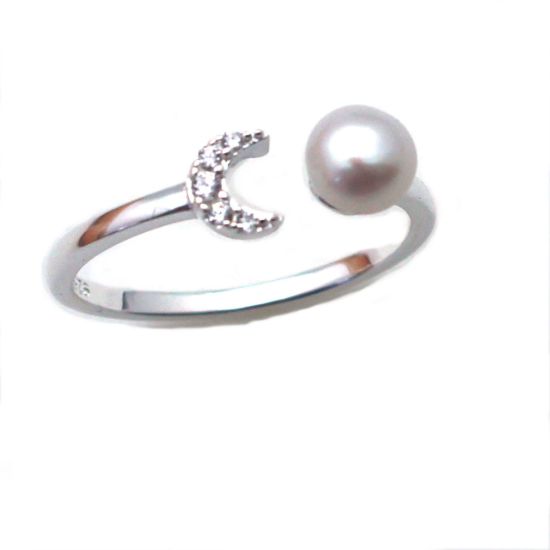 Wholesale Sterling Silver Freshwater Pearl and Moon CZ Stone Open Ring - Adjustable (1 Piece)
