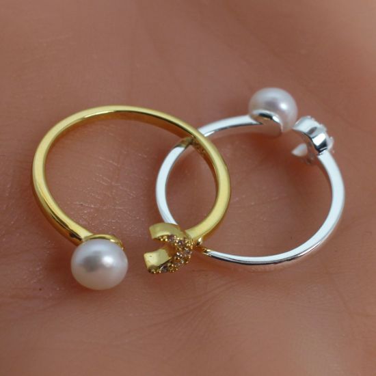 Wholesale Sterling Silver Freshwater Pearl and Moon CZ Stone Open Ring - Adjustable (1 Piece)