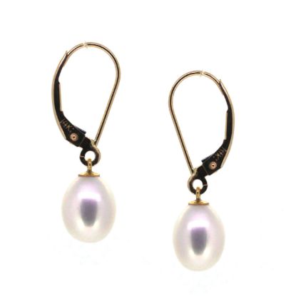 Wholesale 14K Yellow Gold White Freshwater Pearl Leverback Earrings-Teardop Pearls