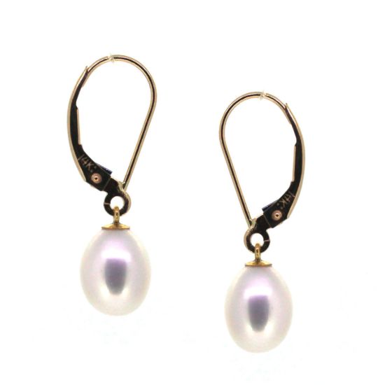 Wholesale 14K Yellow Gold White Freshwater Pearl Leverback Earrings-Teardop Pearls