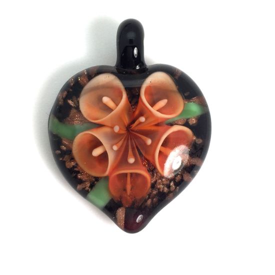 Wholesale Art Glass Pendant- Heart Shape - Orange Flower -35mm (3pcs)