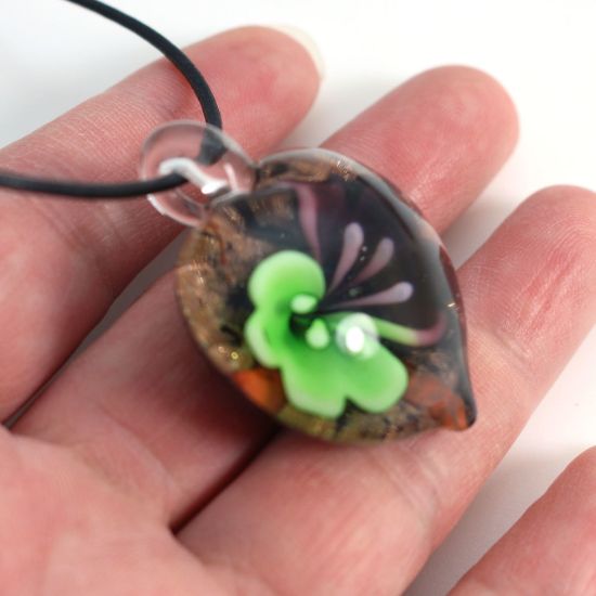 Wholesale Art Glass Pendant- Heart Shape - Purple Green Flower -35mm