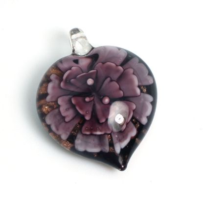 Wholesale Art Glass Pendant- Heart Shape - Purple Flower -39mm