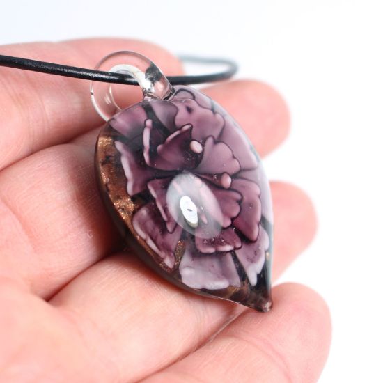 Wholesale Art Glass Pendant- Heart Shape - Purple Flower -39mm