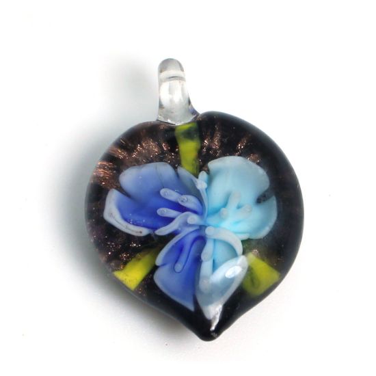 Wholesale Art Glass Pendant- Heart Shape - Blue Flower -39mm