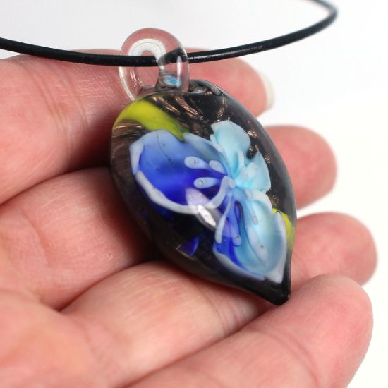 Wholesale Art Glass Pendant- Heart Shape - Blue Flower -39mm