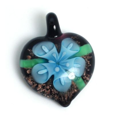 Wholesale Art Glass Pendant- Heart Shape - Light Blue Flower -38mm