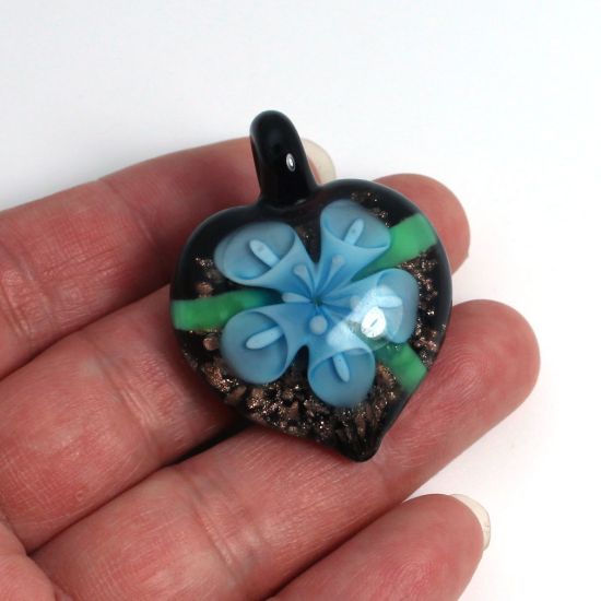 Wholesale Art Glass Pendant- Heart Shape - Light Blue Flower -38mm