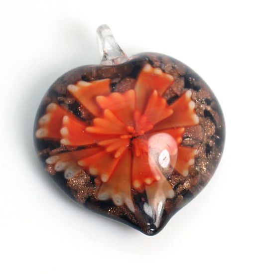 Wholesale Art Glass Pendant- Heart Shape - Big Orange Flower -40mm
