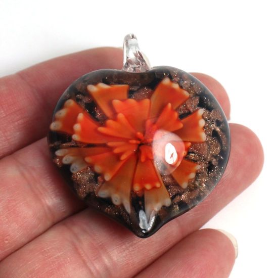 Wholesale Art Glass Pendant- Heart Shape - Big Orange Flower -40mm