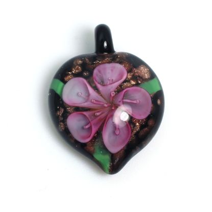 Wholesale Art Glass Pendant- Heart Shape - Pink Flower -38mm