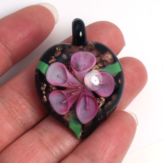 Wholesale Art Glass Pendant- Heart Shape - Pink Flower -38mm