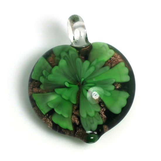Wholesale Art Glass Pendant- Heart Shape - Big Green Flower -37mm