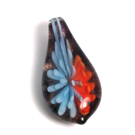 Wholesale Art Glass Pendant- Long Drop Shape - Blue Orange  Flower -37mm
