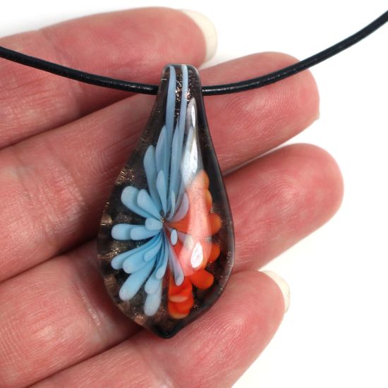 Wholesale Art Glass Pendant- Long Drop Shape - Blue Orange  Flower -37mm
