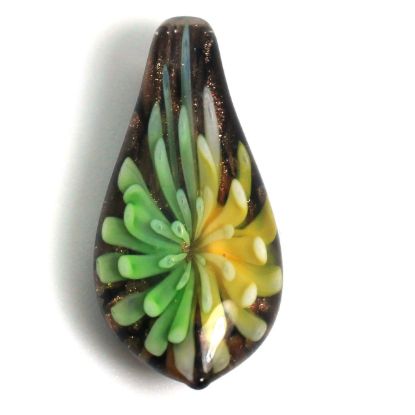 Wholesale Art Glass Pendant- Long Drop Shape - Green Yellow  Flower -36mm