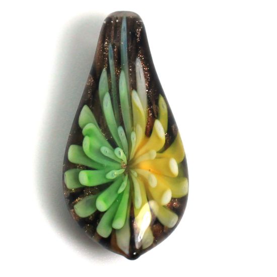 Wholesale Art Glass Pendant- Long Drop Shape - Green Yellow  Flower -36mm