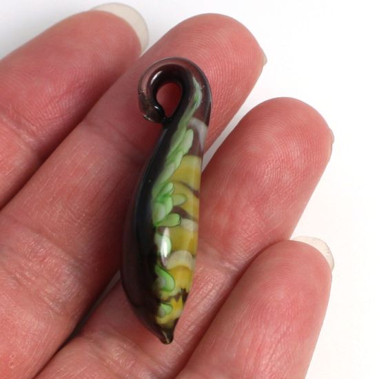 Wholesale Art Glass Pendant- Long Drop Shape - Green Yellow  Flower -36mm