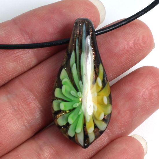 Wholesale Art Glass Pendant- Long Drop Shape - Green Yellow  Flower -36mm