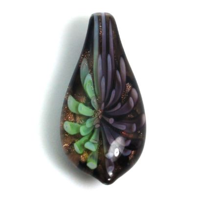 Wholesale Art Glass Pendant- Long Drop Shape - Green Purple  Flower -36mm