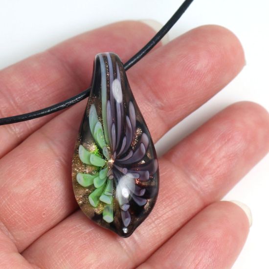 Wholesale Art Glass Pendant- Long Drop Shape - Green Purple  Flower -36mm