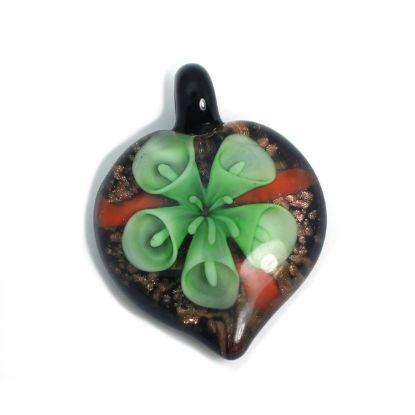 Wholesale Art Glass Pendant- Heart Shape - Green Flower -38mm