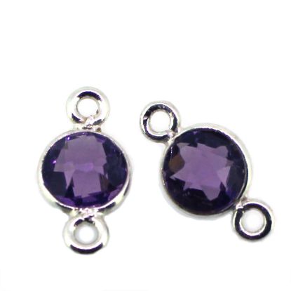 Wholesale Sterling Silver Bezel Gemstone Connectors- 6mm Faceted Coin Shape - Amethyst Quartz - February Birthstone